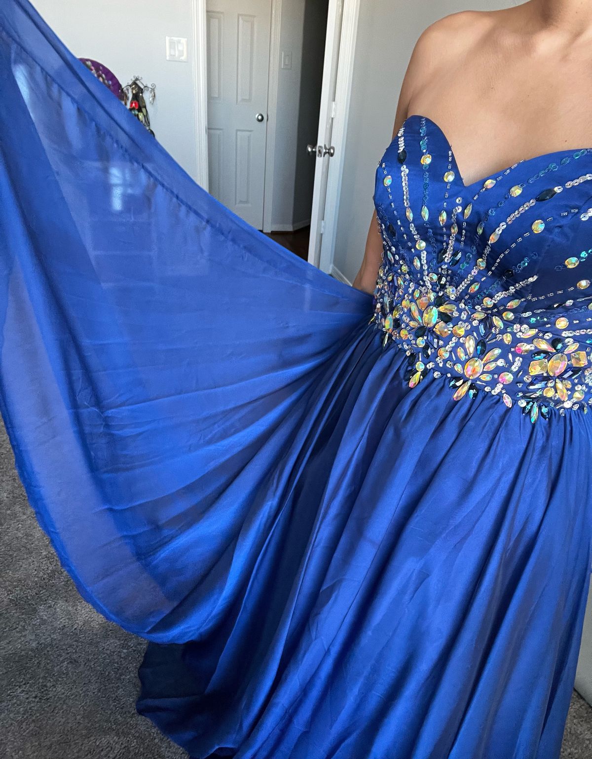 Size 0 Prom Strapless Satin Royal Blue A-line Dress on Queenly