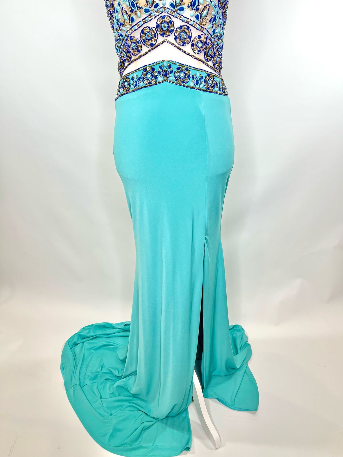 Jovani Size 2 Prom High Neck Satin Blue Floor Length Maxi on Queenly