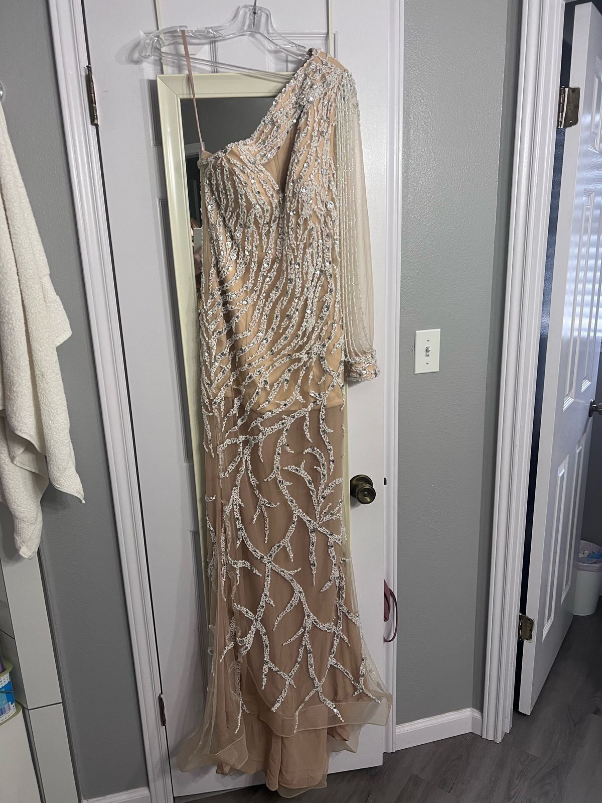 Size 4 Prom Long Sleeve Sequined Nude Floor Length Maxi on Queenly