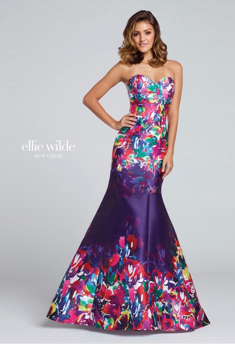 Ellie Wilde Size 12 Prom Strapless Floral Purple Mermaid Dress on Queenly