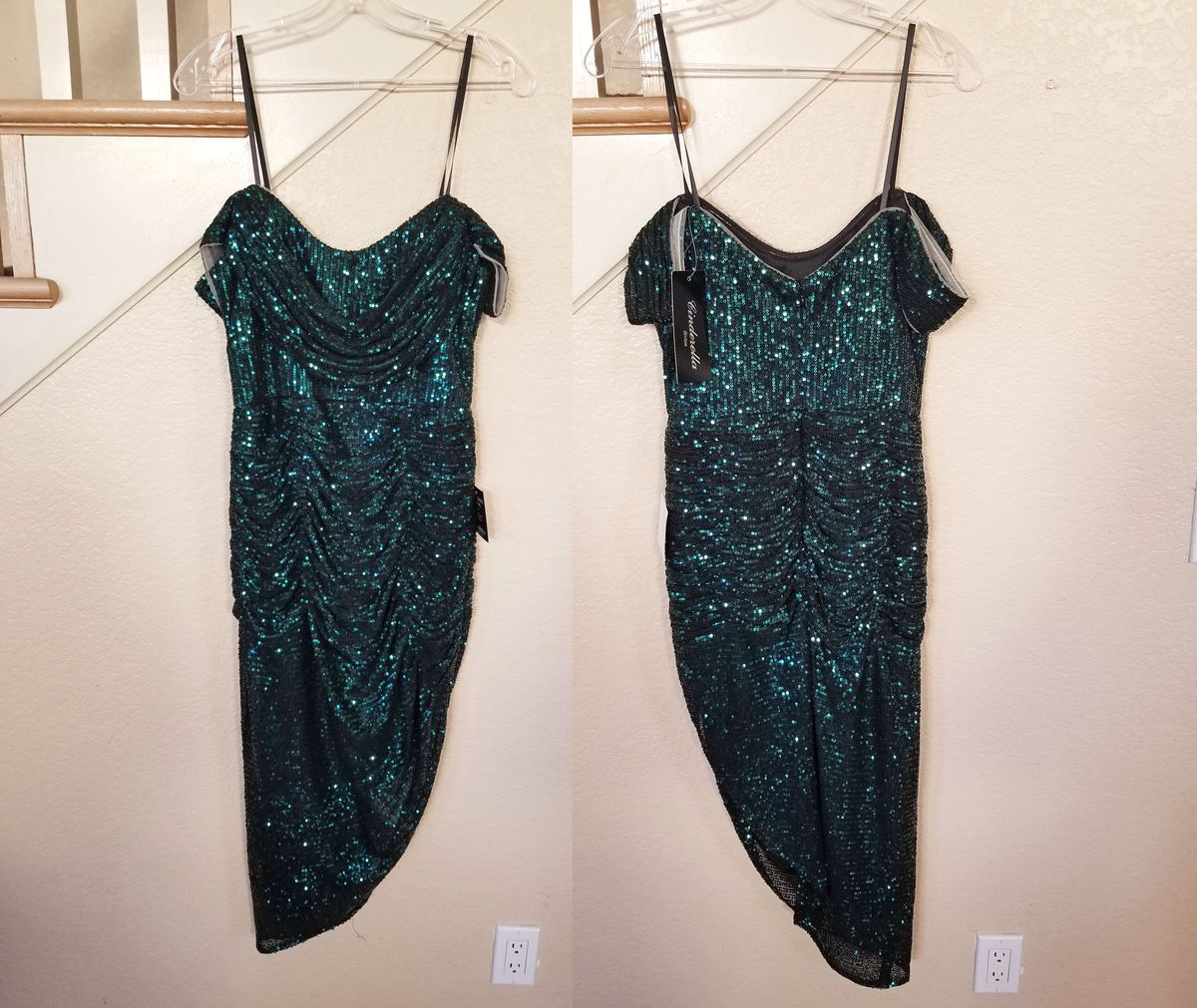 Style Emerald Green Off the Shoulder Sequined Sheath Dress Cinderella Divine  Size 4 Green Cocktail Dress on Queenly