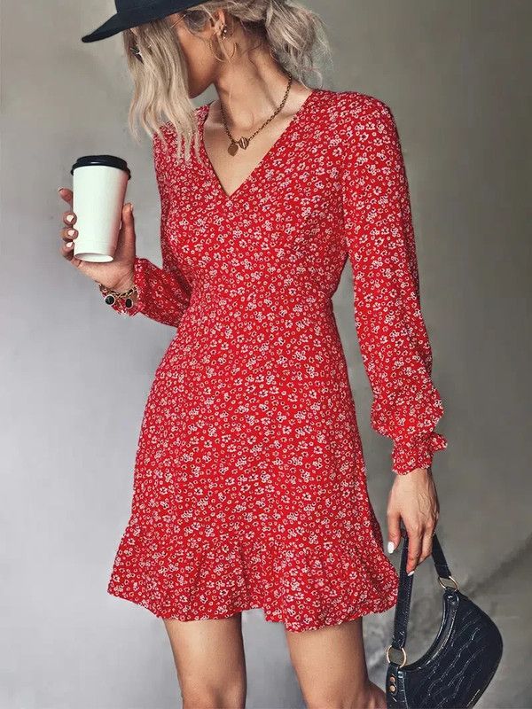 Plus Size 22 Long Sleeve Floral Red A-line Dress on Queenly
