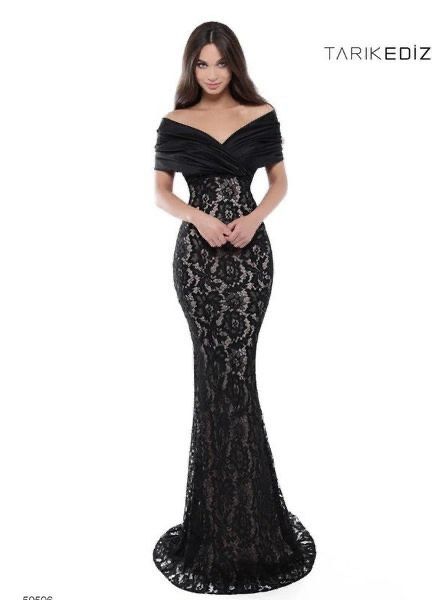 Tarik Ediz Size 14 Off The Shoulder Lace Black Mermaid Dress on Queenly