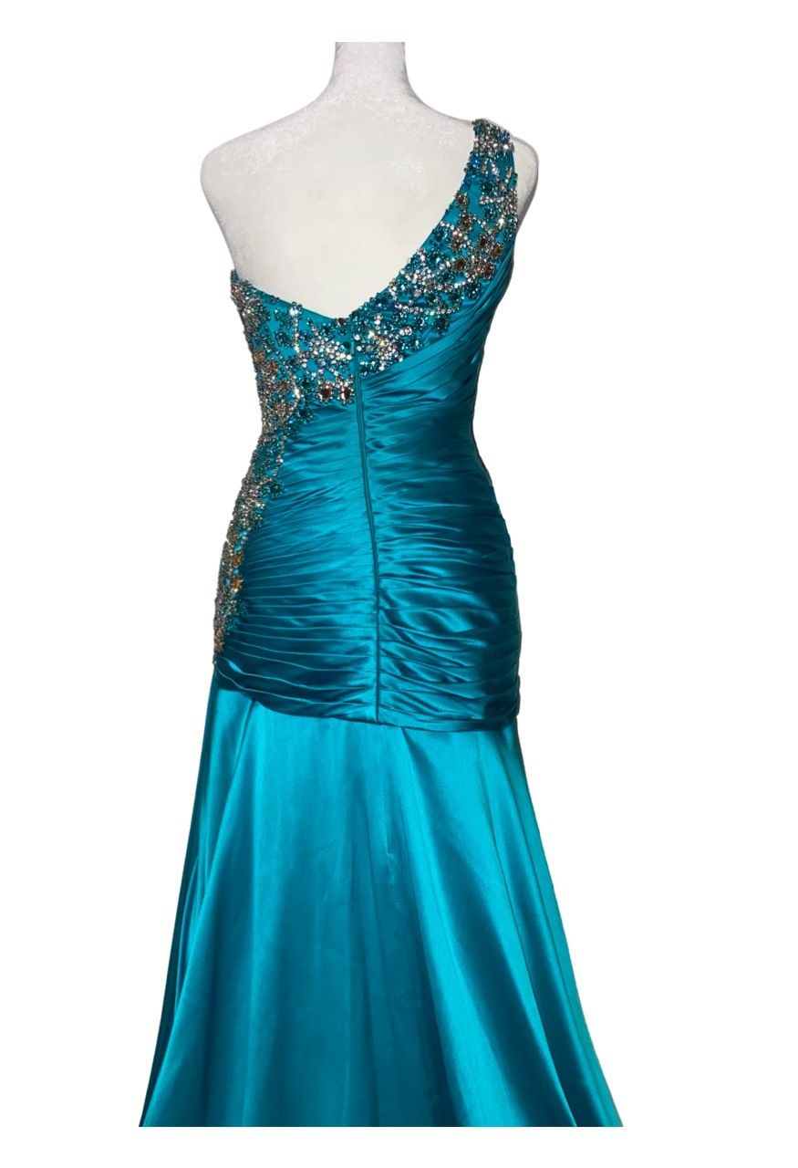 Sherri Hill Size 6 Prom One Shoulder Satin Blue Side Slit Dress on Queenly