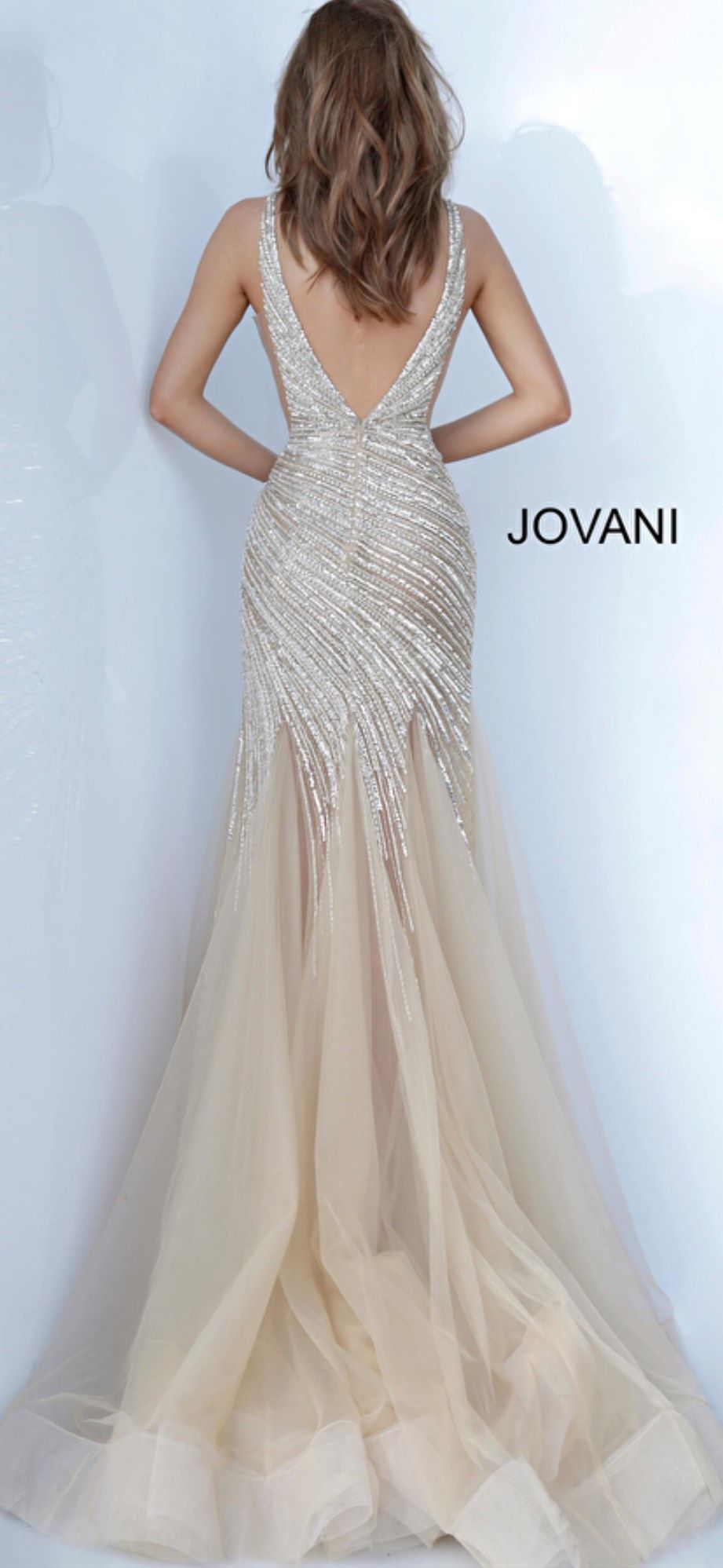 Jovani Size 2 Bridesmaid Plunge Sequined Nude Dress With Train on Queenly