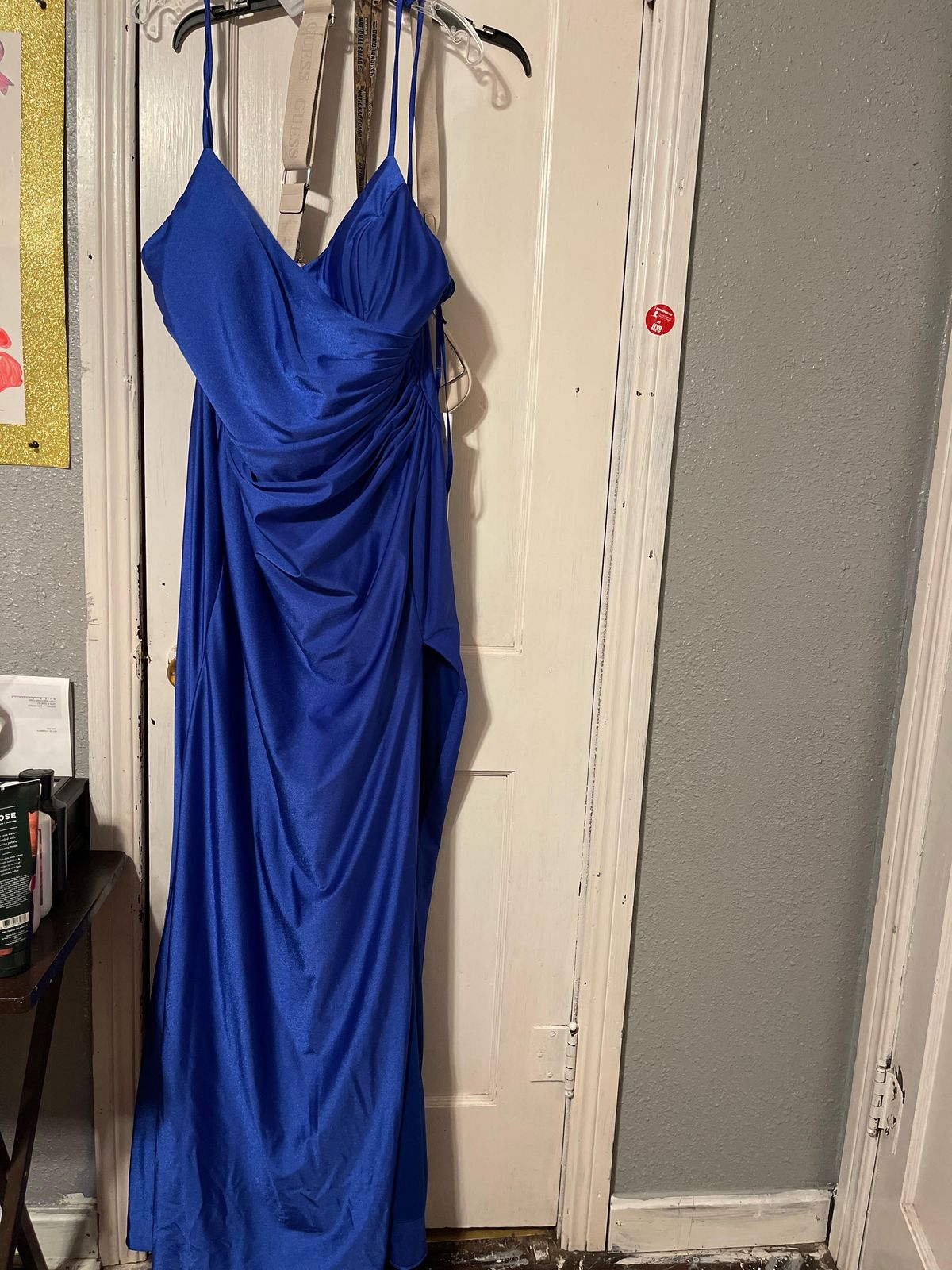 Jovani Plus Size 20 Bridesmaid Plunge Satin Royal Blue Side Slit Dress on Queenly