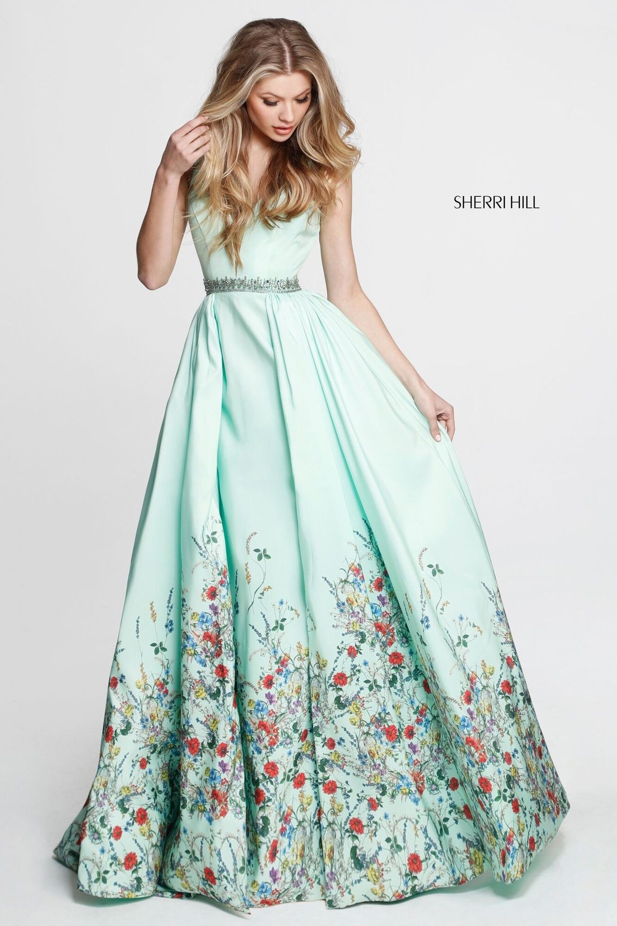 Style 51232 Sherri Hill Size 6 Plunge Floral Light Green Ball Gown on Queenly