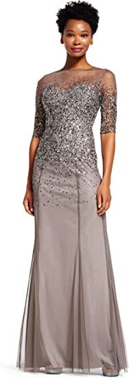 Size 12 Prom Long Sleeve Sequined Nude A-line Dress on Queenly