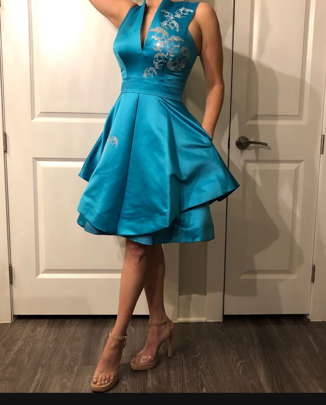 Jovani Size 4 Homecoming Plunge Satin Blue A-line Dress on Queenly