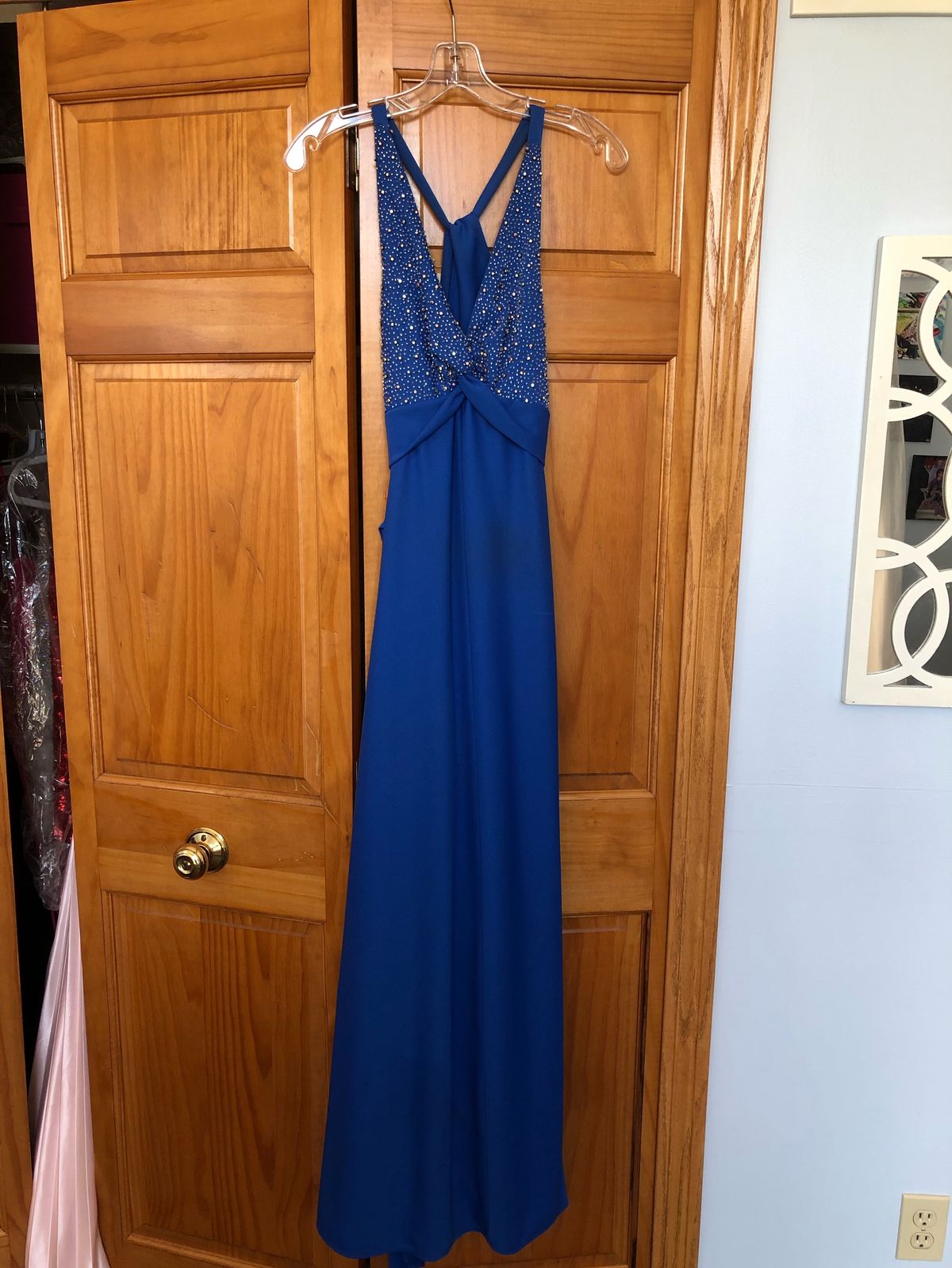 Jovani Size 2 Bridesmaid Plunge Satin Royal Blue Floor Length Maxi on Queenly