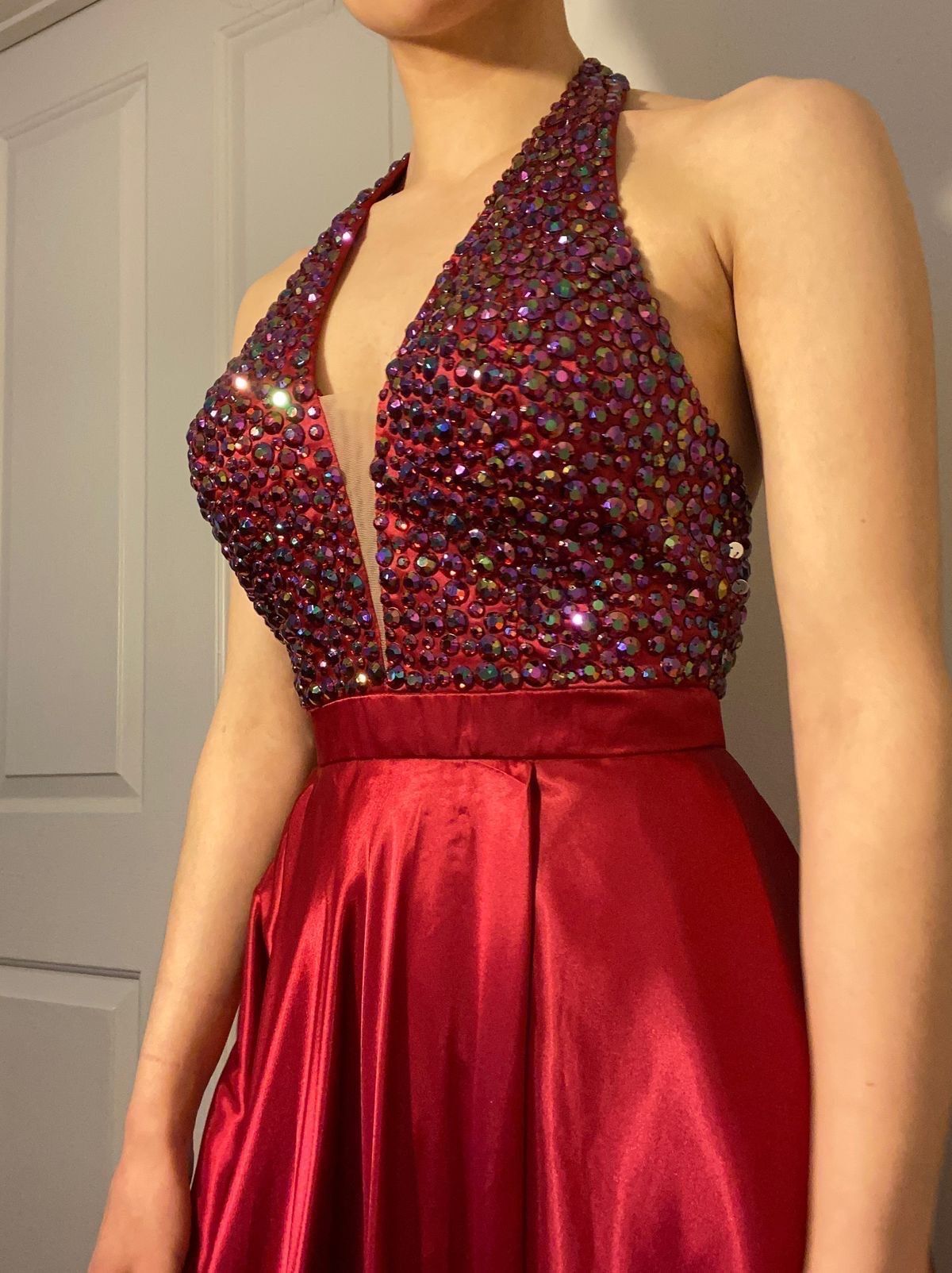 Sherri Hill Size 4 Prom Halter Sheer Red Side Slit Dress on Queenly