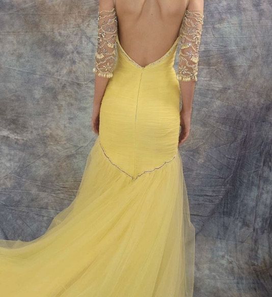Terani Couture Size 2 Prom Long Sleeve Sequined Yellow Dress With Train on Queenly