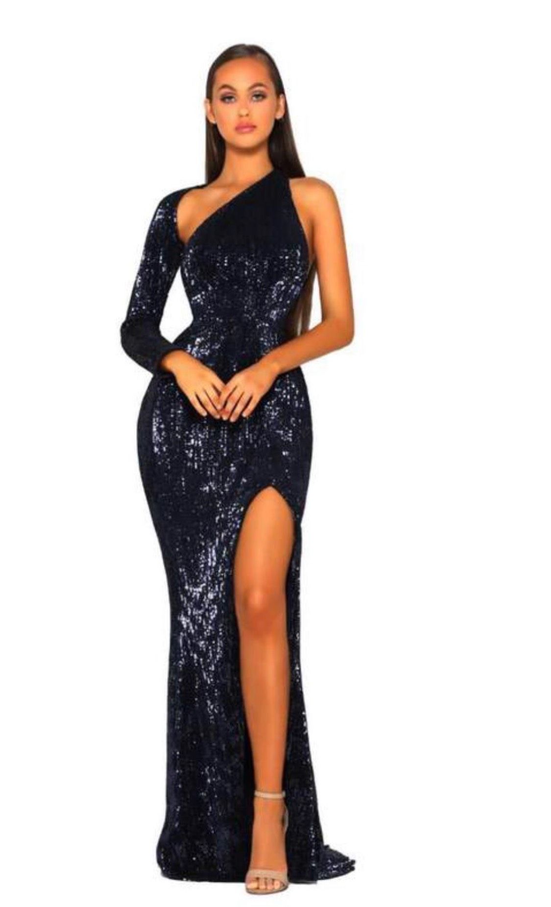 Size 6 Long Sleeve Sequined Navy Blue Side Slit Dress on Queenly