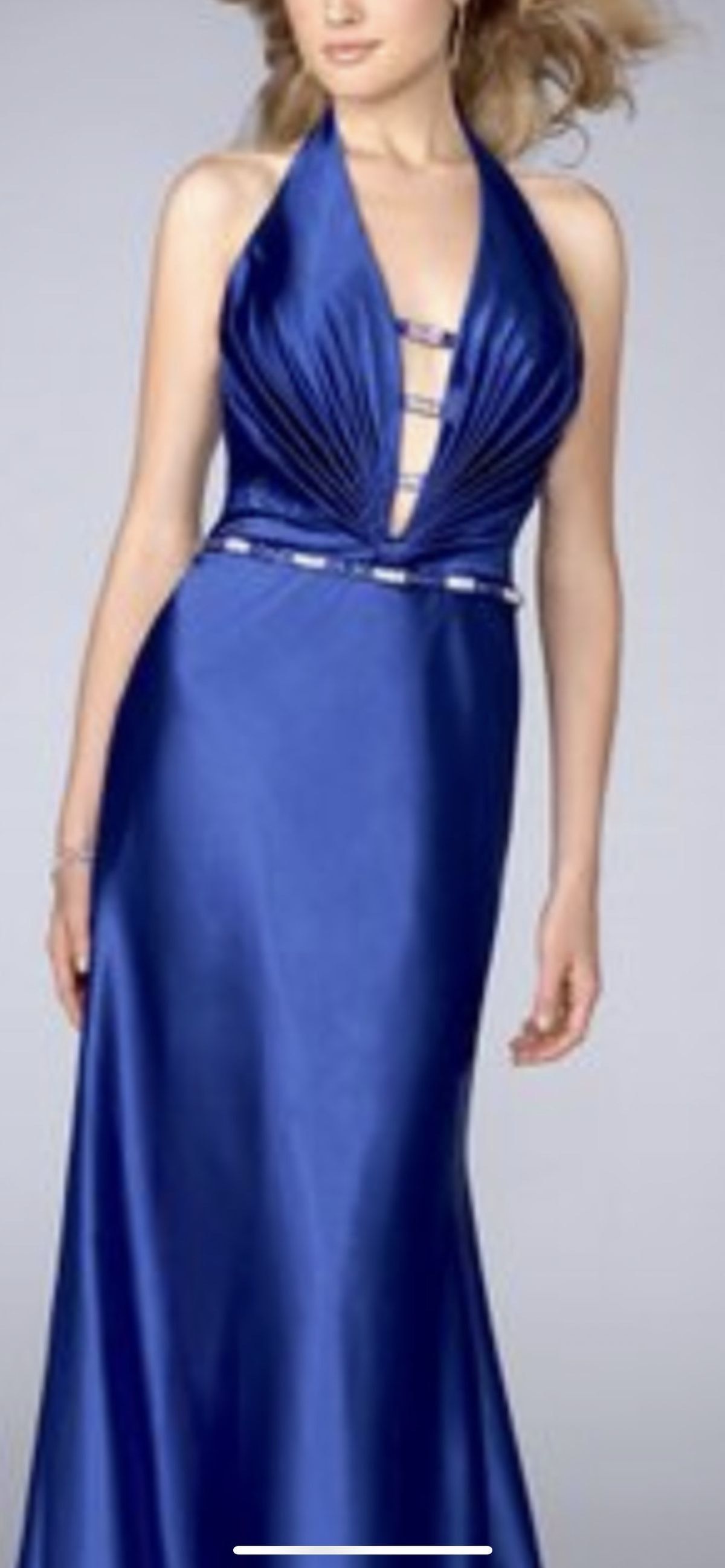La Femme Size 8 Prom Plunge Satin Royal Blue Floor Length Maxi on Queenly