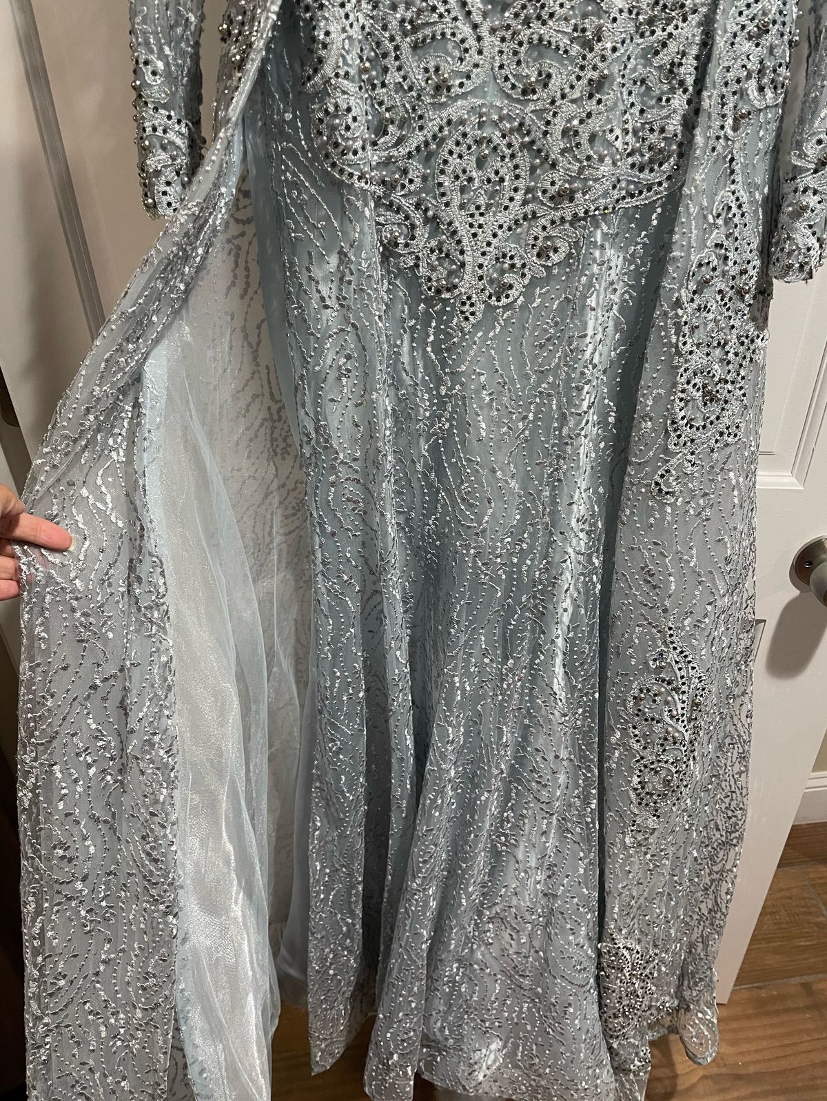 Size 8 Prom Long Sleeve Lace Light Blue Mermaid Dress on Queenly