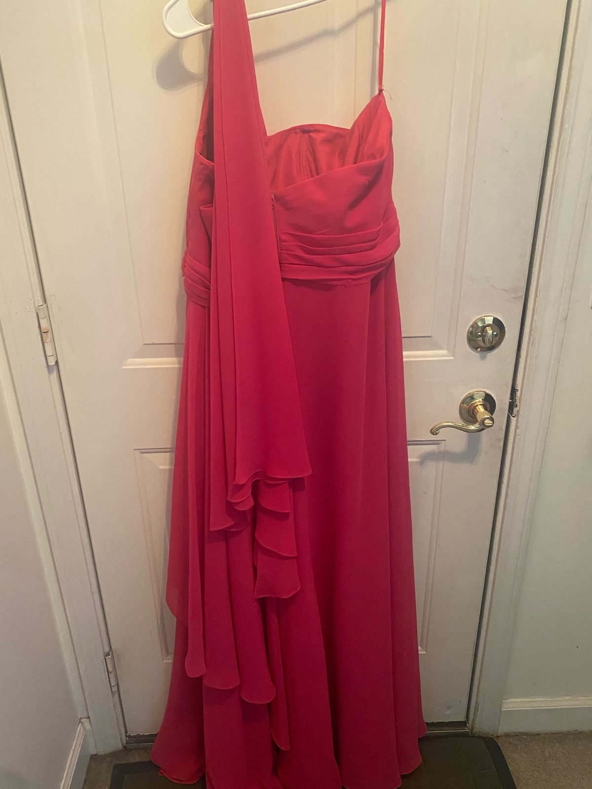 Plus Size 20 Bridesmaid One Shoulder Satin Hot Pink Dress With Train on Queenly