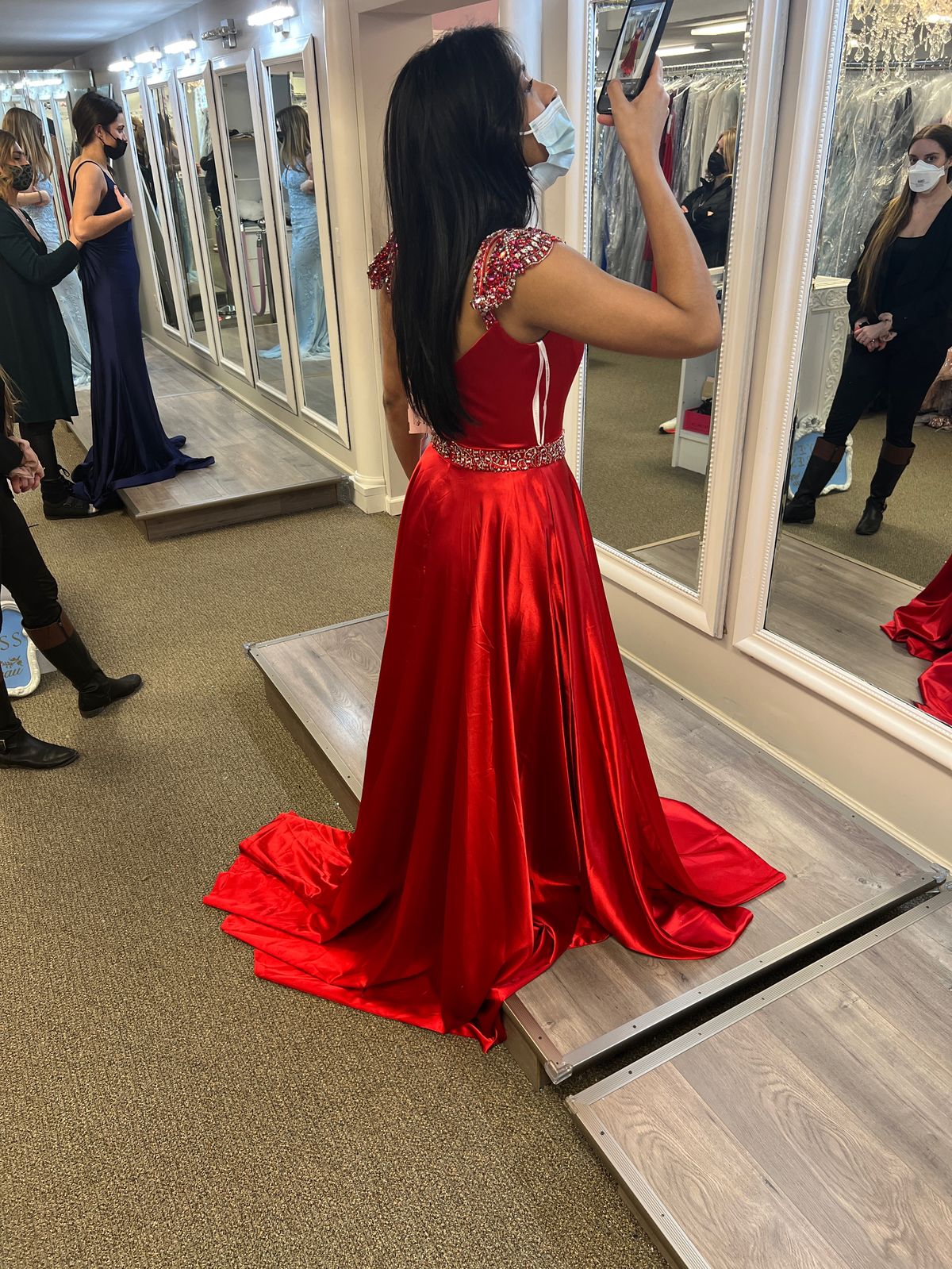 Sherri Hill Size 4 Off The Shoulder Sequined Emerald Red Side Slit Dress on Queenly