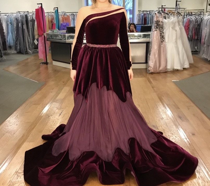 Jovani Couture Size 6 Prom Long Sleeve Velvet Burgundy Red Ball Gown on Queenly