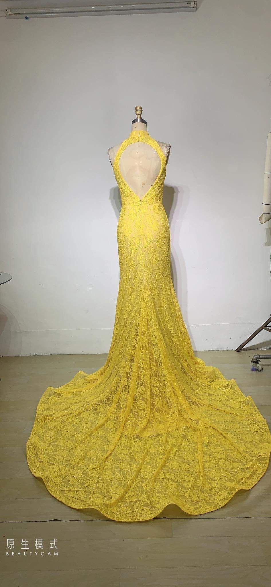 Size 4 Prom Halter Lace Yellow Mermaid Dress on Queenly