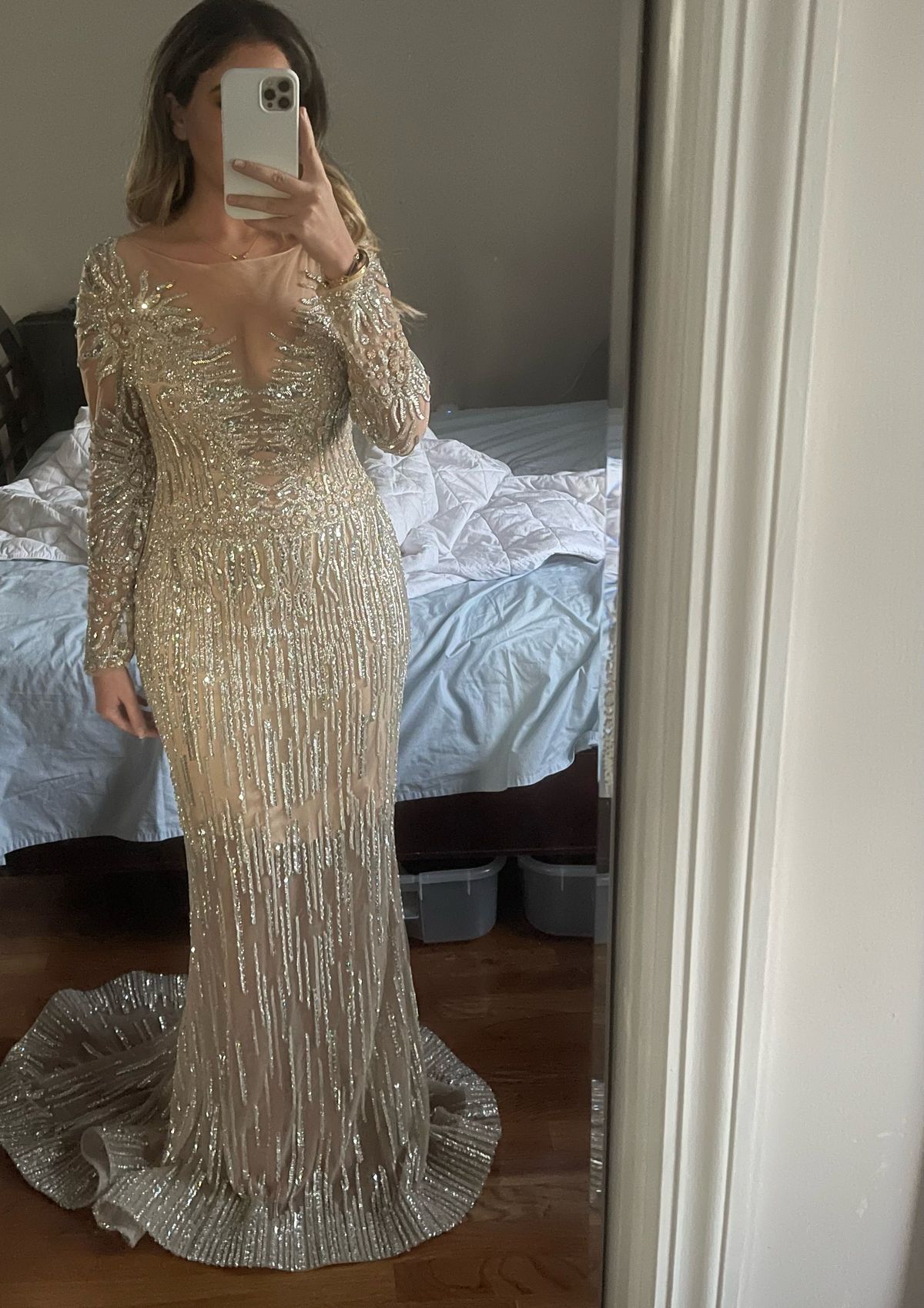 Size 6 Prom Long Sleeve Sequined Nude Mermaid Dress on Queenly