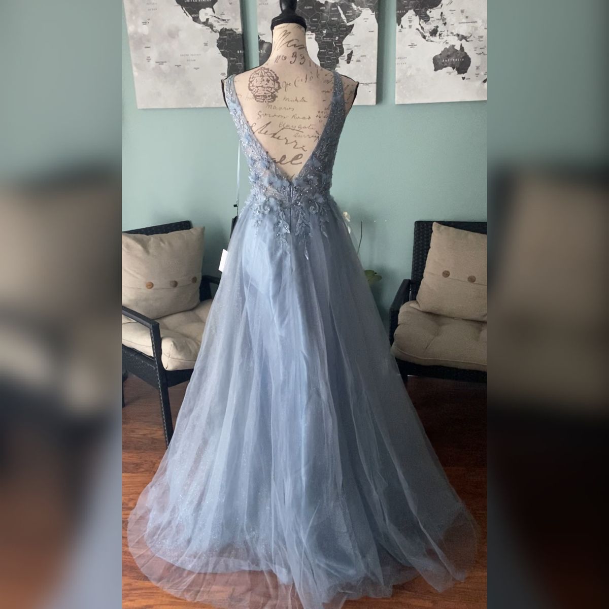 Blue Tulle Lace Mermaid Spaghetti Straps Prom Dress SP726