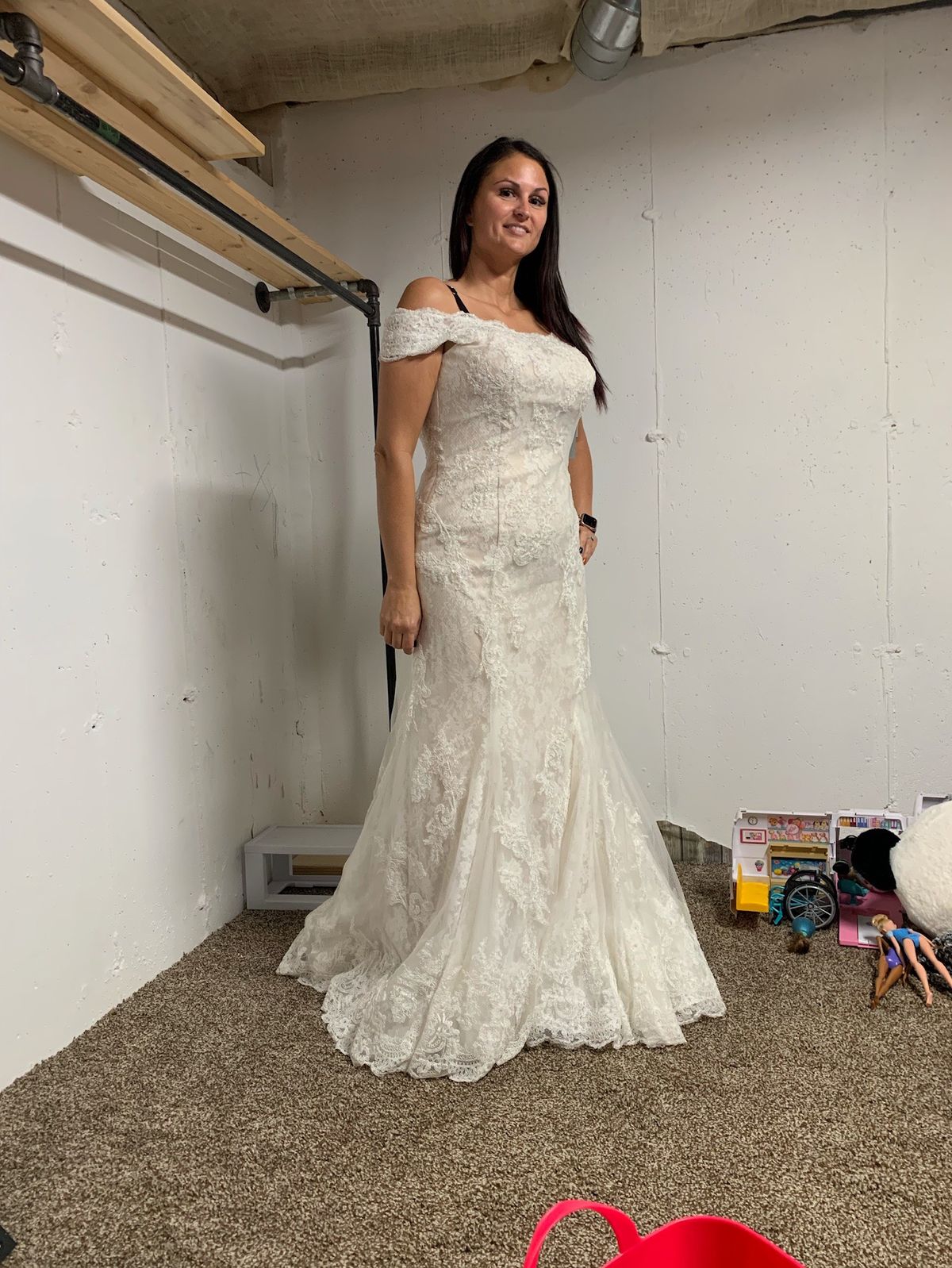 Oleg Cassini Size 12 Wedding Cap Sleeve Lace White Mermaid Dress on Queenly