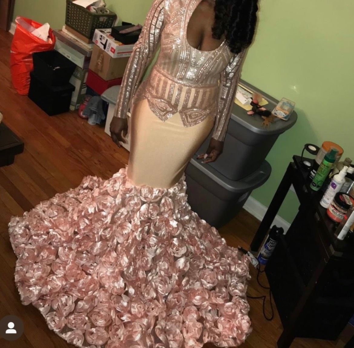 Size 4 Prom Long Sleeve Sequined Light Pink Dress With Train on Queenly