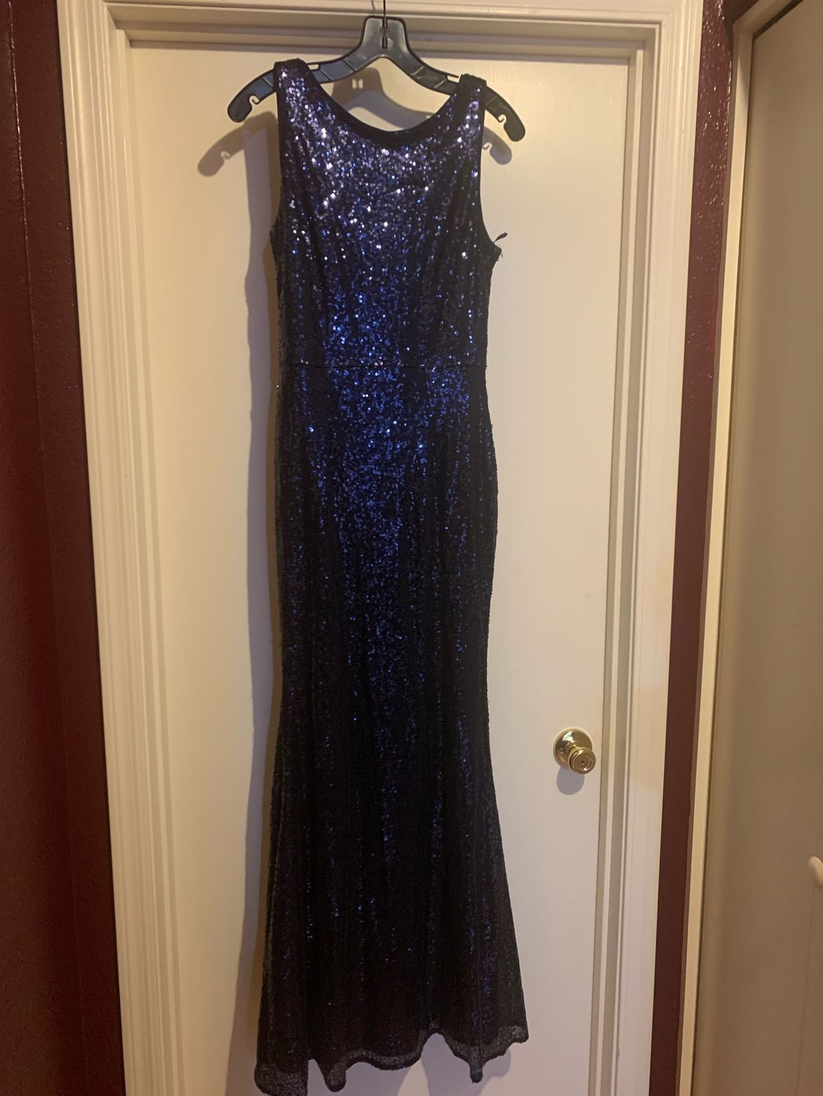 Promgirl Size 4 Wedding Guest Sequined Navy Blue Mermaid Dress on Queenly