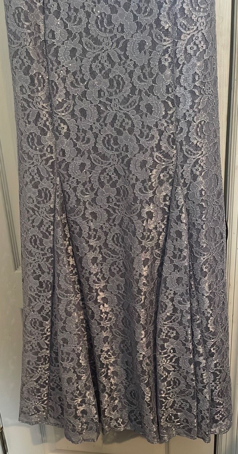 R&M Richard’s Size 14 Off The Shoulder Lace Silver Floor Length Maxi on Queenly