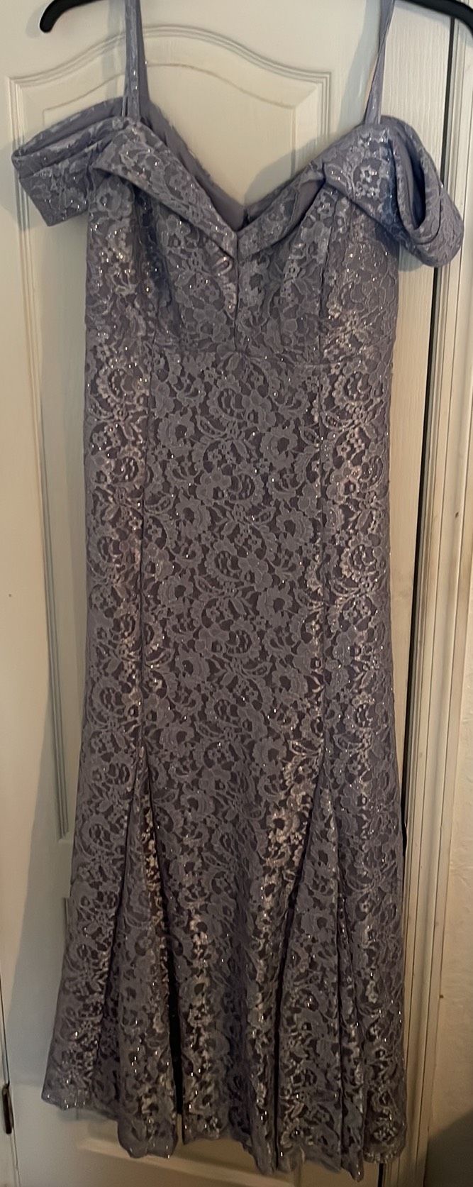 R&M Richard’s Size 14 Off The Shoulder Lace Silver Floor Length Maxi on Queenly