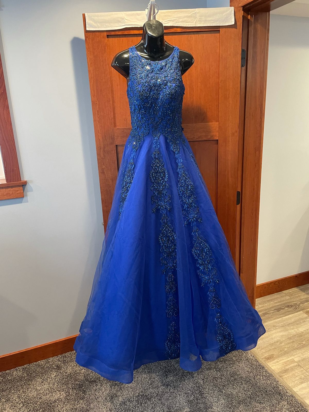 Jovani Size 4 Prom High Neck Lace Royal Blue Ball Gown on Queenly