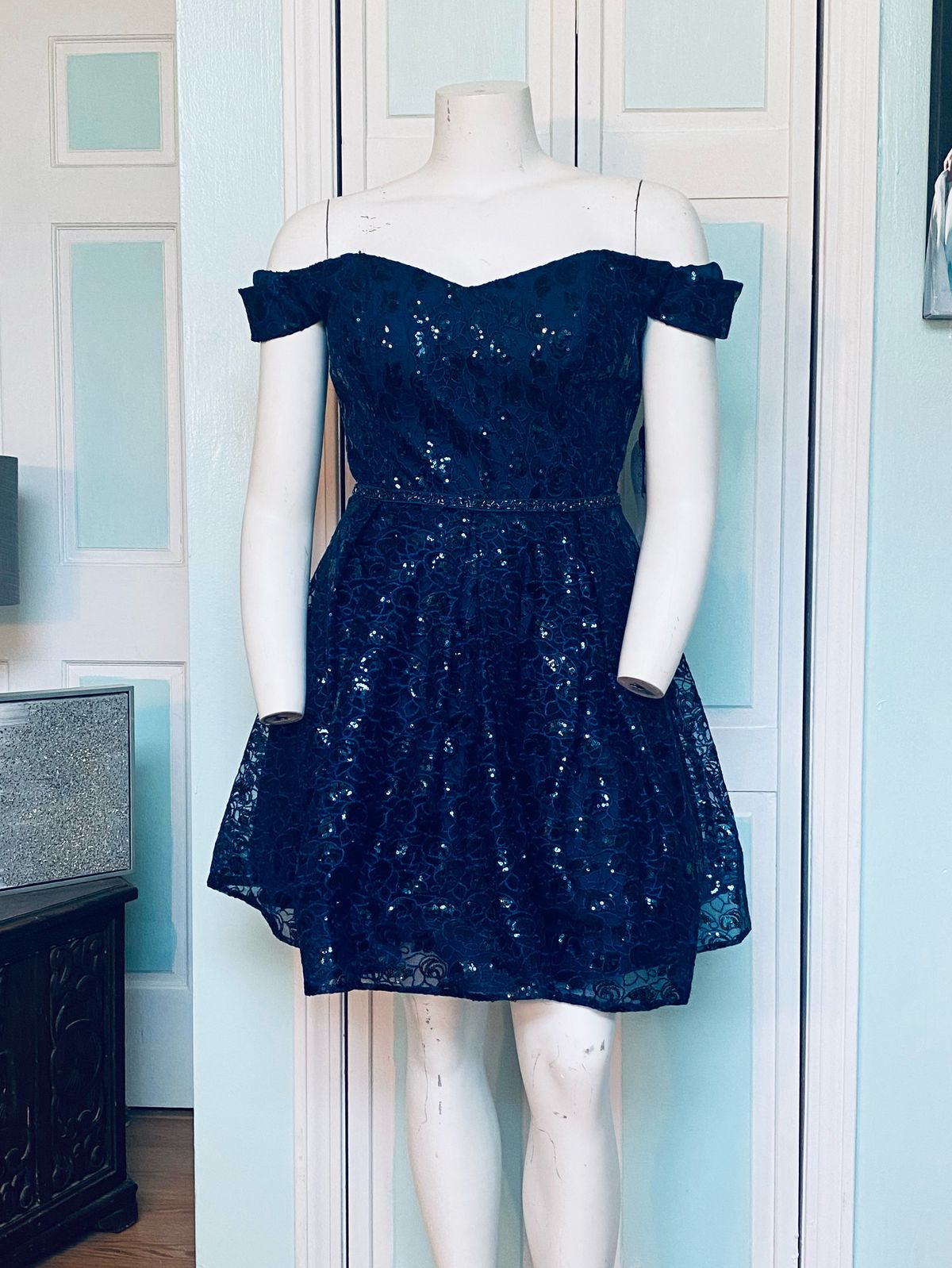 Clarisse Plus Size 18 Prom Sequined Navy Blue Cocktail Dress on Queenly