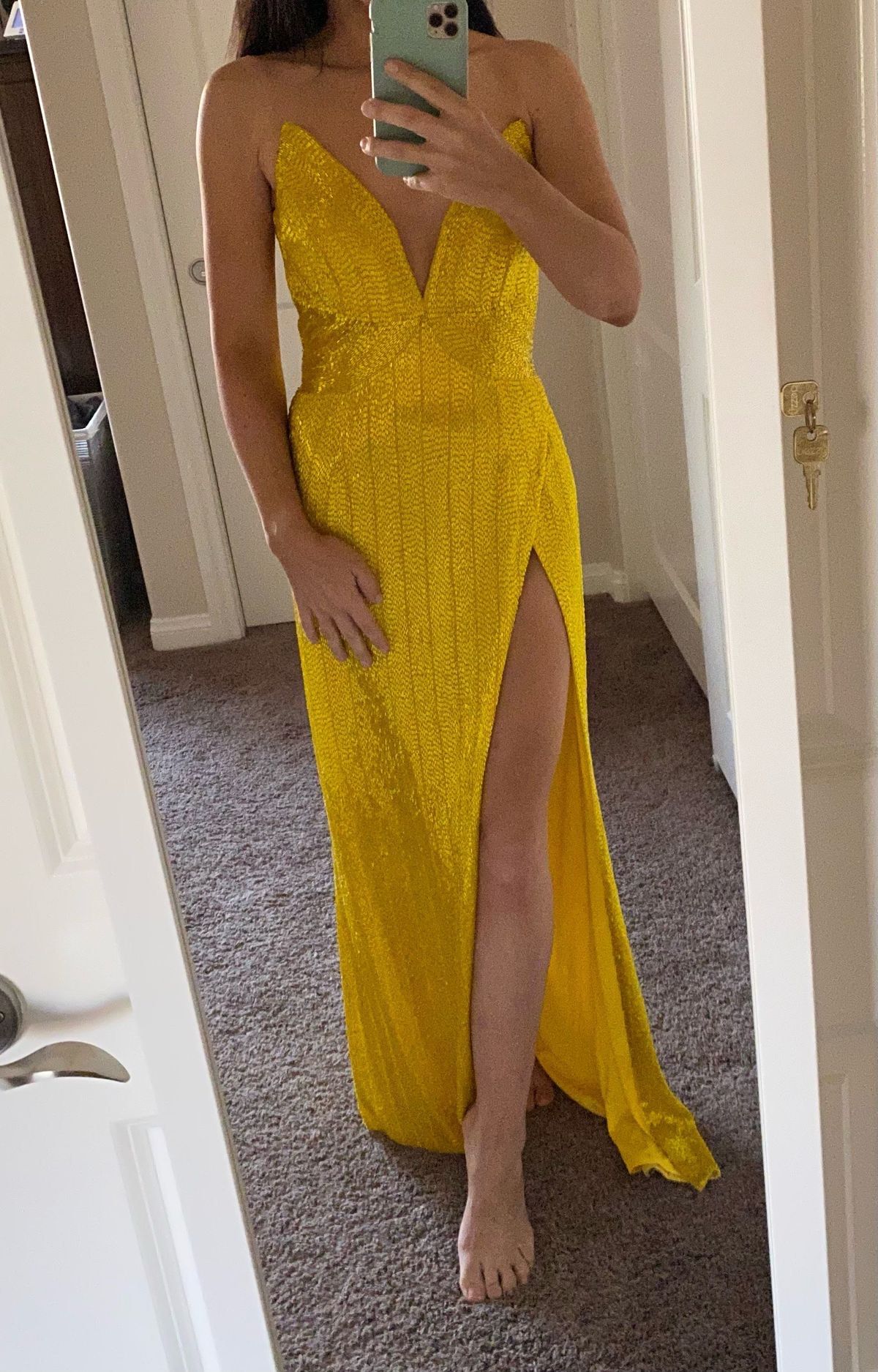 Ashley Lauren Size 2 Prom Yellow Side Slit Dress on Queenly