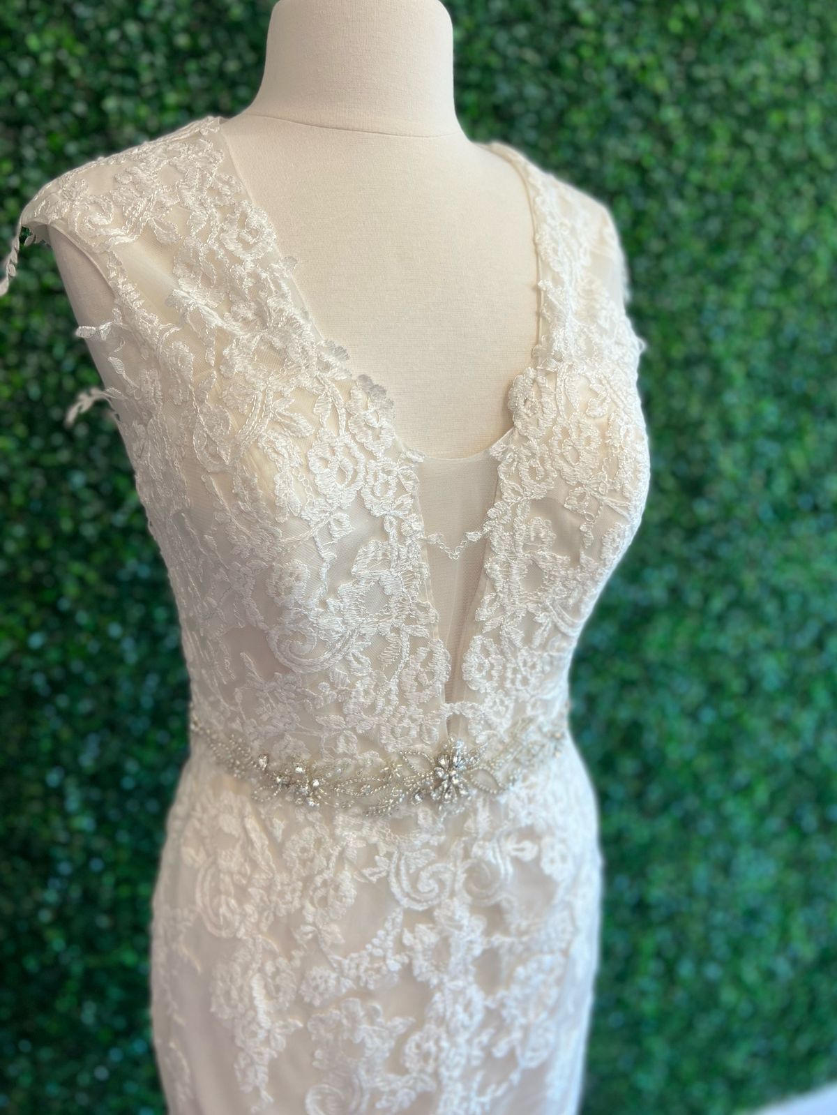 Omelie Size 10 Plunge Lace Nude Mermaid Dress on Queenly