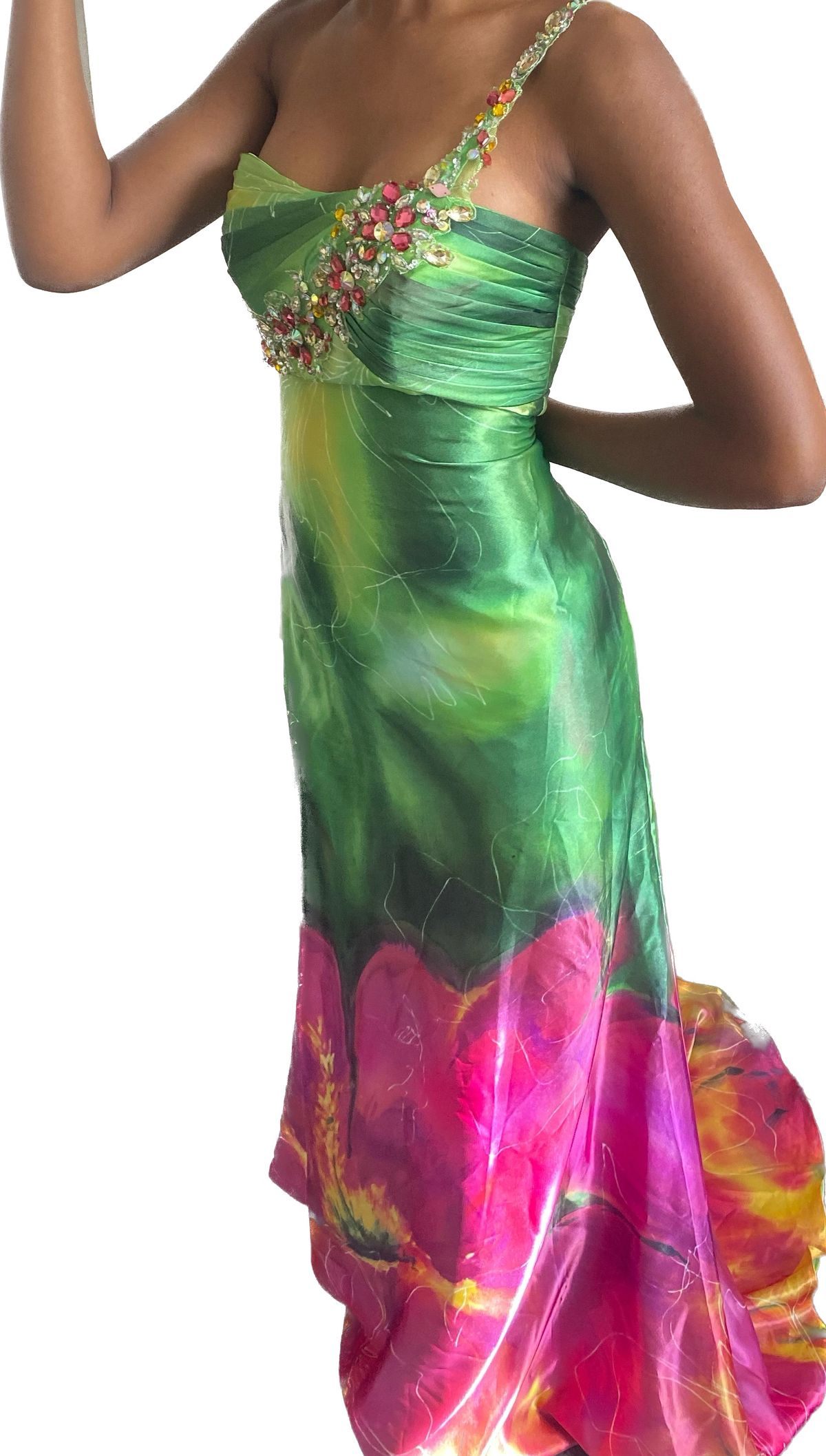 Size 4 One Shoulder Satin Green Mermaid Dress on Queenly