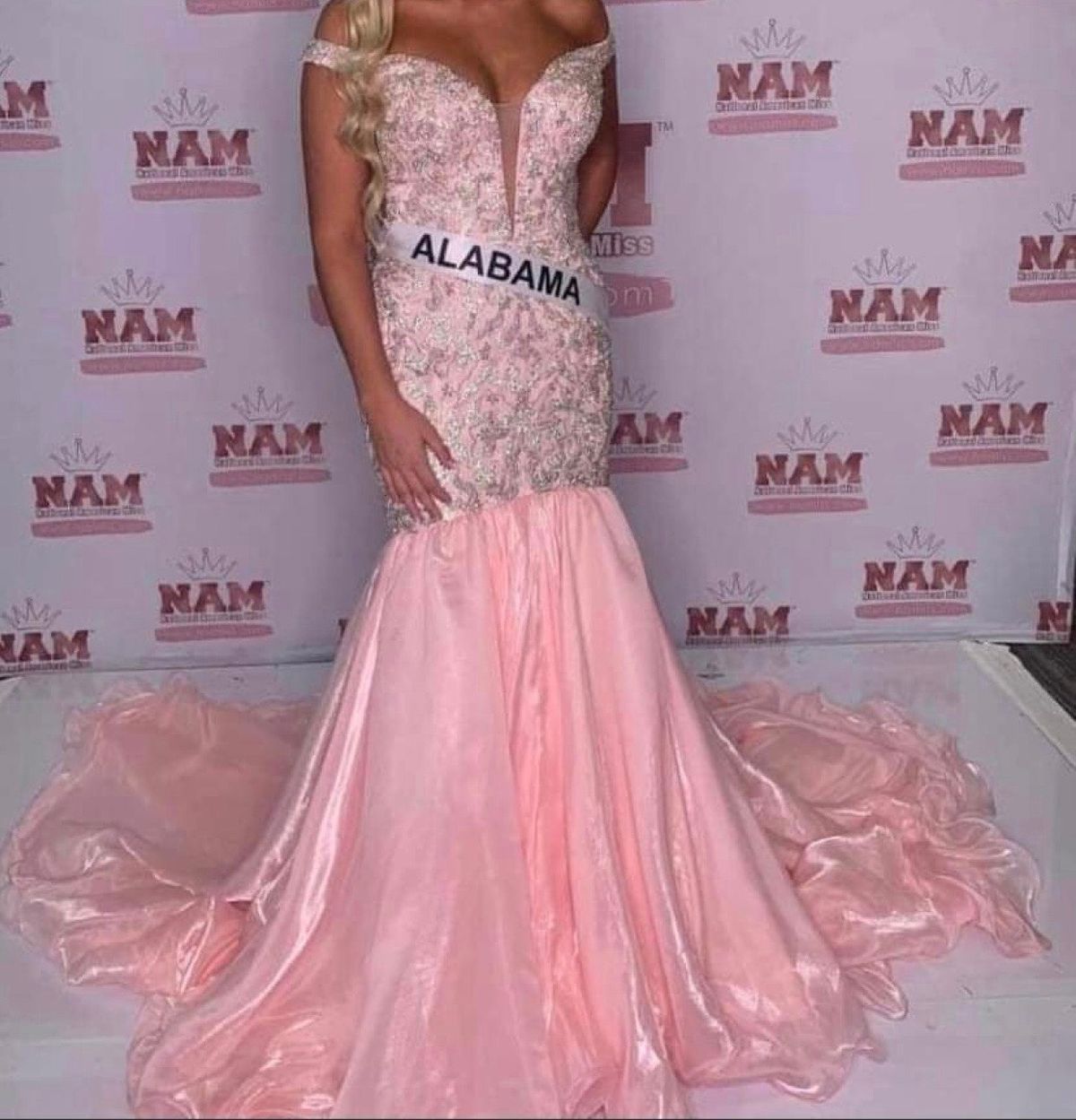 Rachel Allan Size 12 Prom Off The Shoulder Sequined Light Pink Mermaid Dress on Queenly