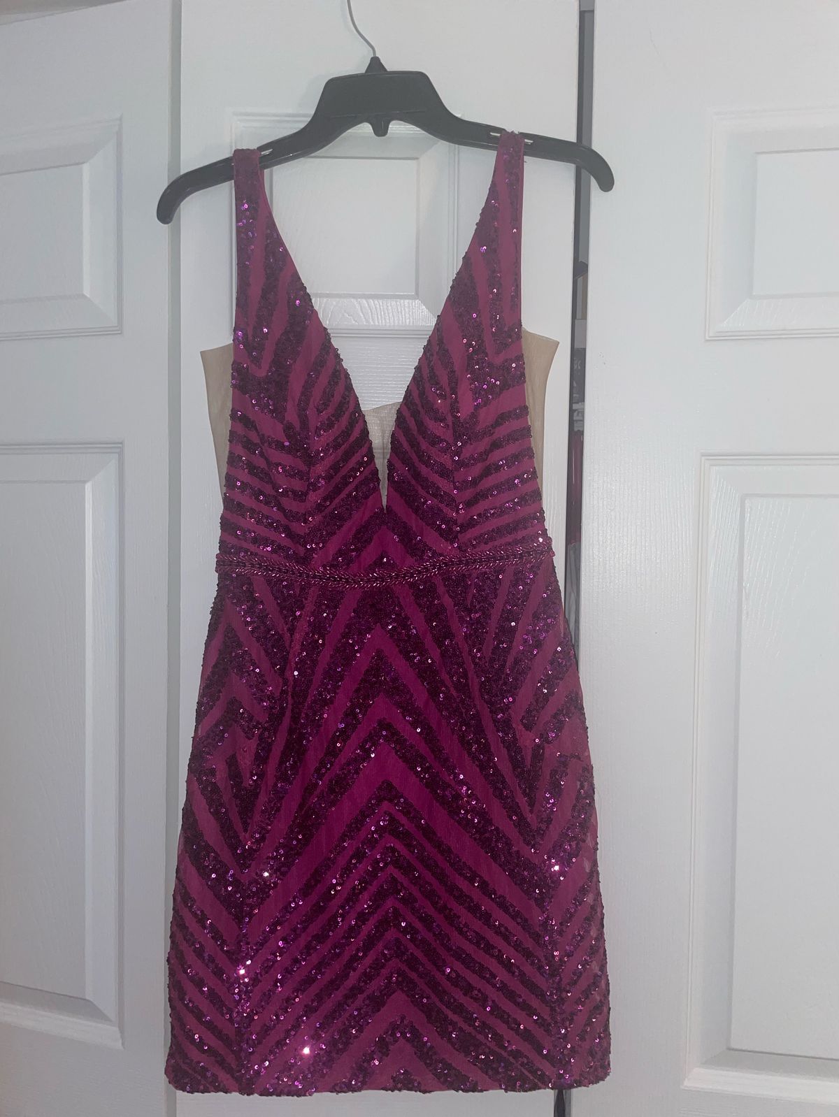 Jovani Size 6 Prom Plunge Sheer Hot Pink Cocktail Dress on Queenly