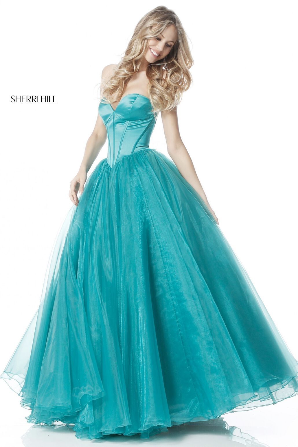 Style 51583 Sherri Hill Size 6 Strapless Satin Green Ball Gown on Queenly