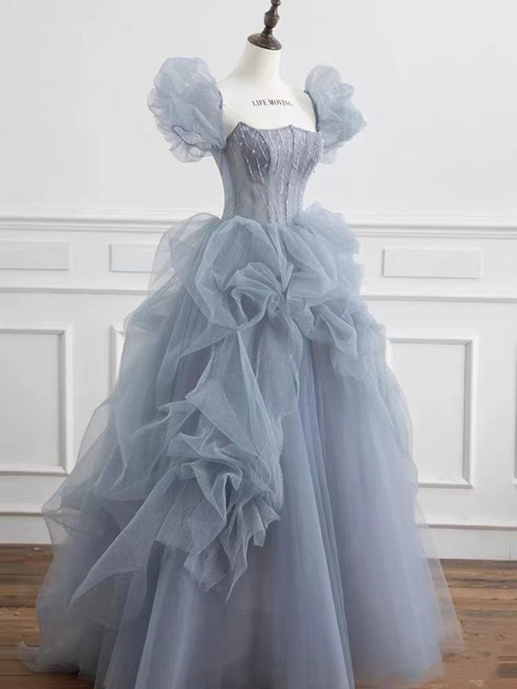 Tiered Dusty Blue Tulle Prom Dresses Off the Shoulder Ball Gown FD2495 –  Viniodress