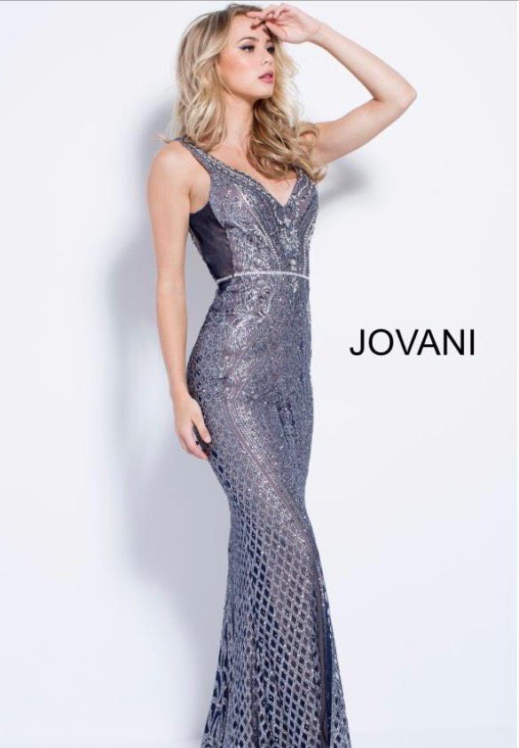 Jovani Plus Size 16 Prom Plunge Sequined Navy Blue Dress With Train on Queenly
