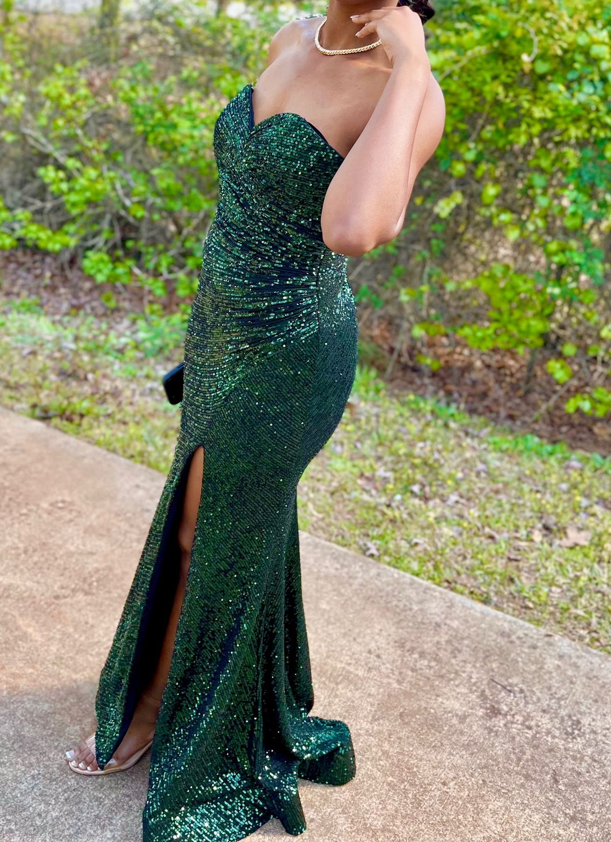 Size 2 Prom Strapless Sequined Emerald Green Side Slit Dress on Queenly