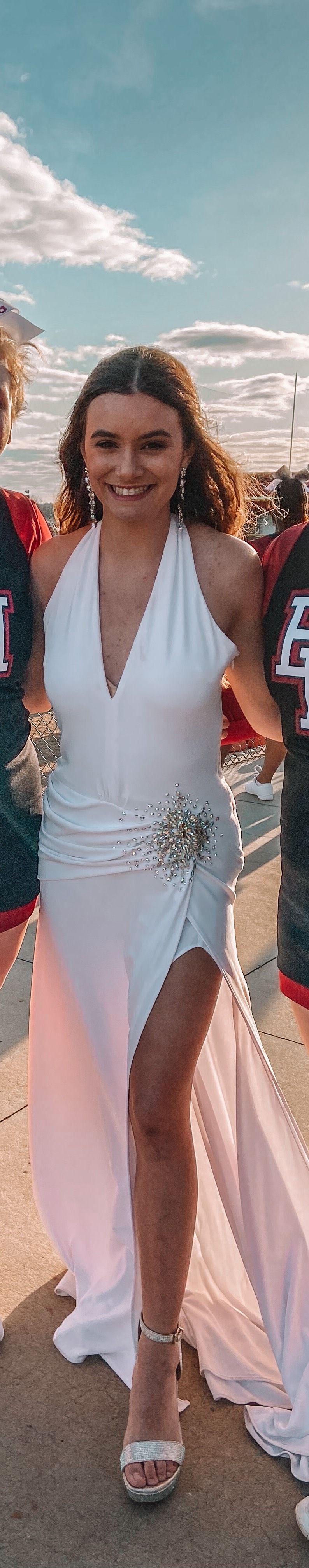 Jovani Size 4 Wedding Plunge Satin White Side Slit Dress on Queenly
