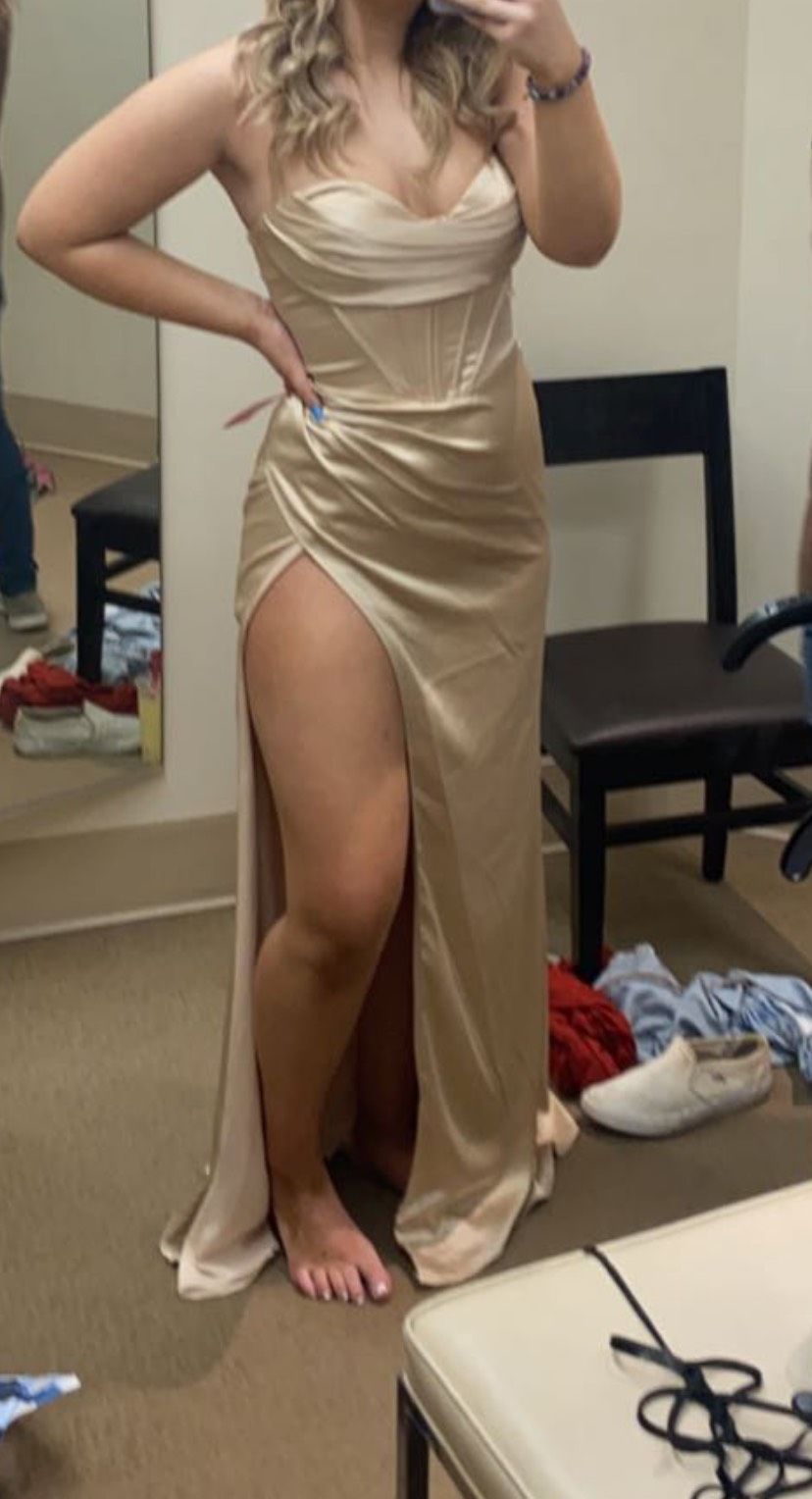 Size 10 Prom Satin Rose Gold Side Slit Dress on Queenly