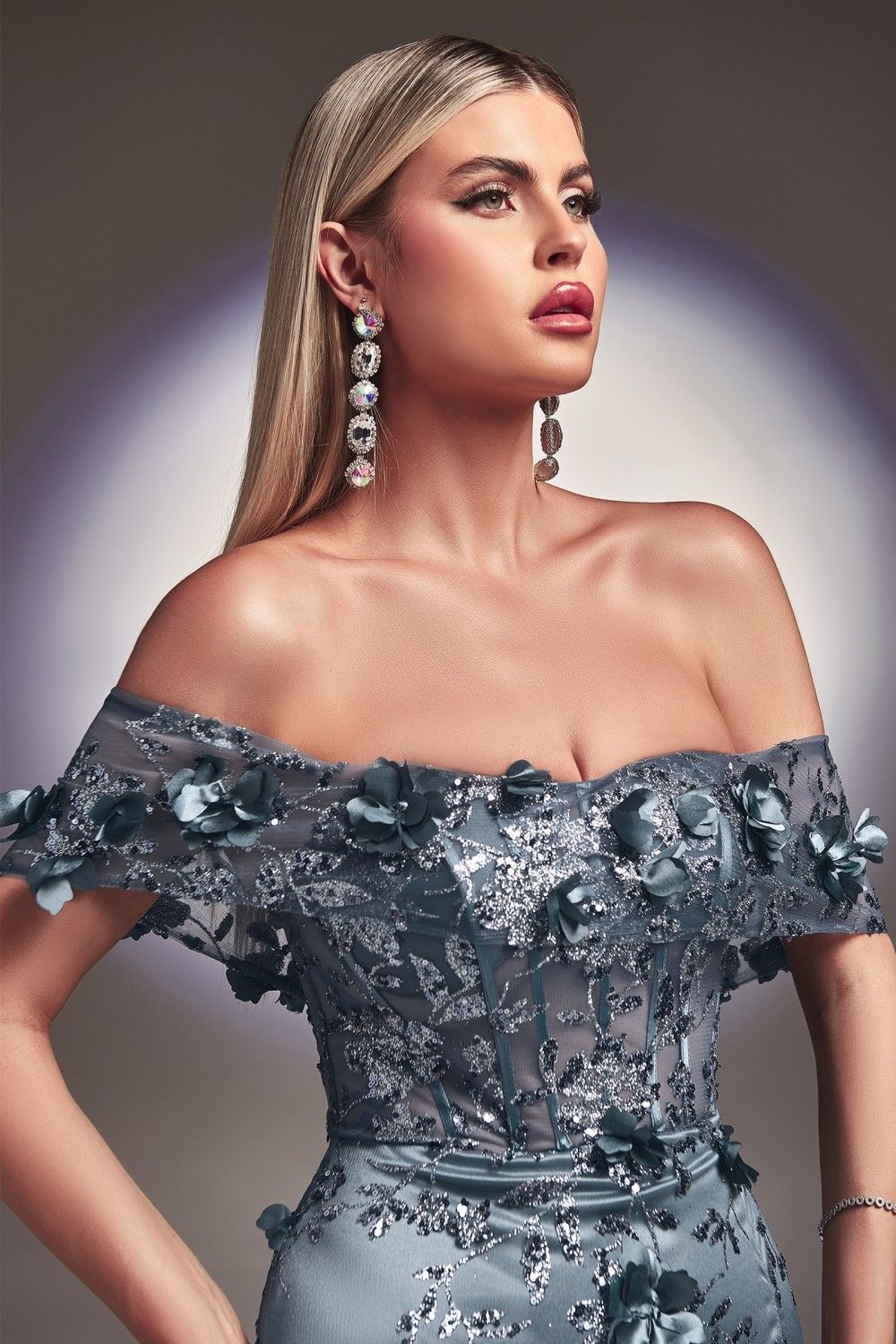 Style CD832 Cinderella Size 12 Off The Shoulder Floral Blue Side Slit Dress on Queenly