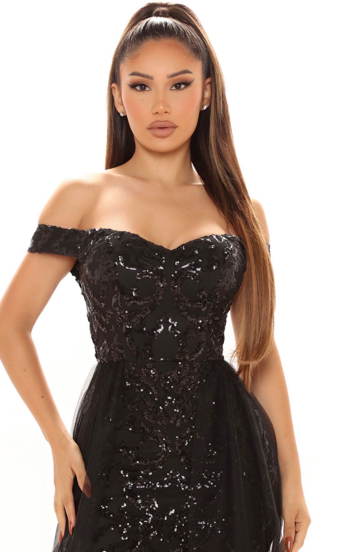 Fashion Nova Size 8 Prom Off The Shoulder Sequined Black Mermaid Dress on Queenly