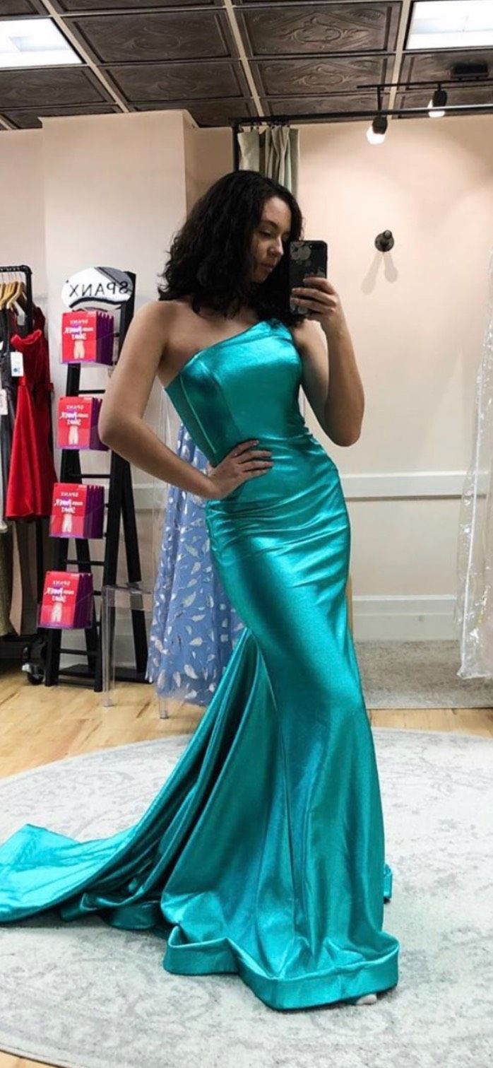 Jovani Size 4 Bridesmaid One Shoulder Satin Blue Mermaid Dress on Queenly