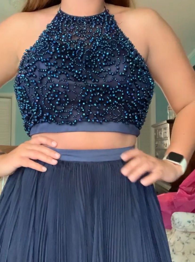 Sherri Hill Size 6 Prom Sequined Blue Side Slit Dress on Queenly