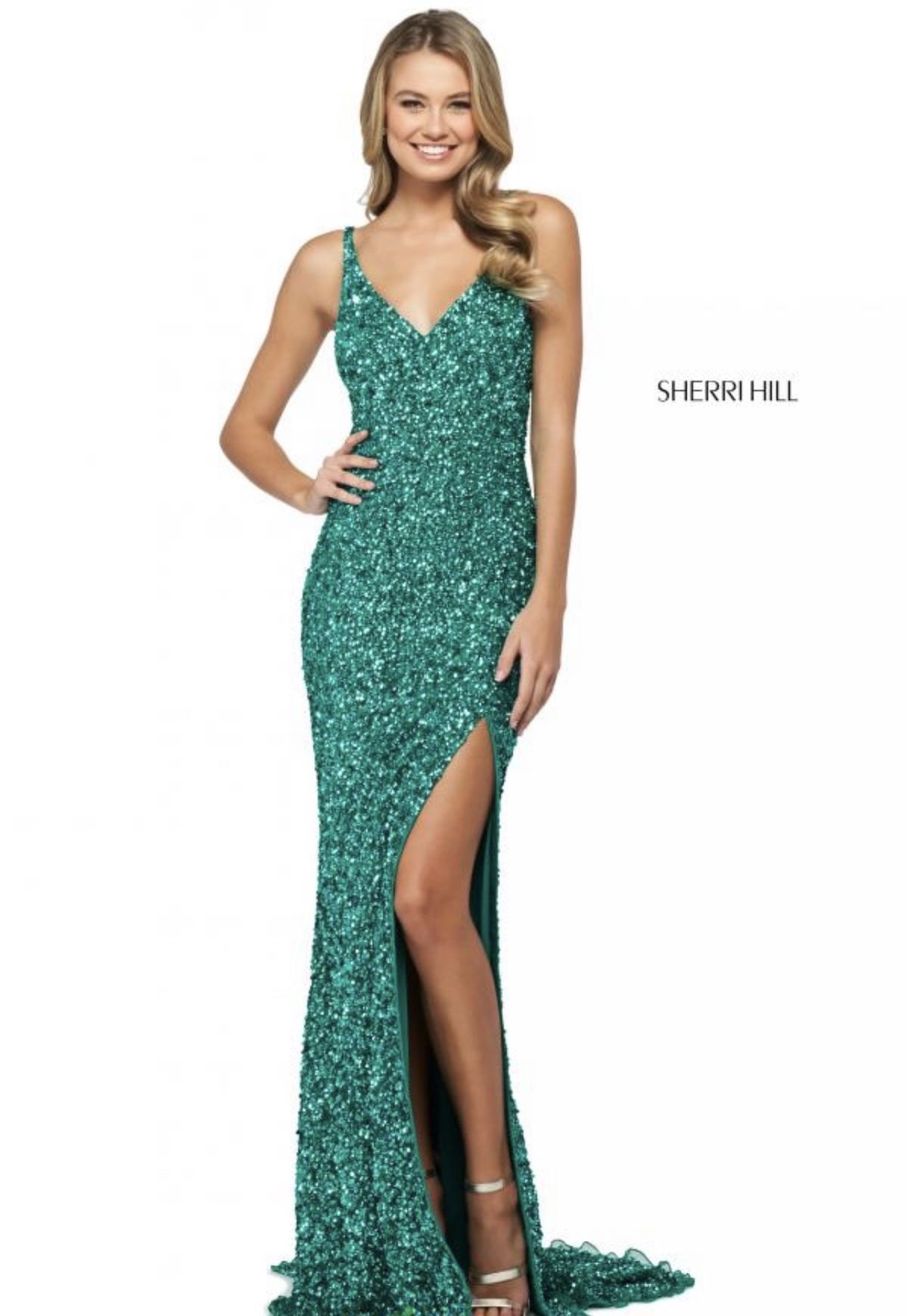 Sherri Hill Size 6 Prom Plunge Emerald Green Side Slit Dress on Queenly