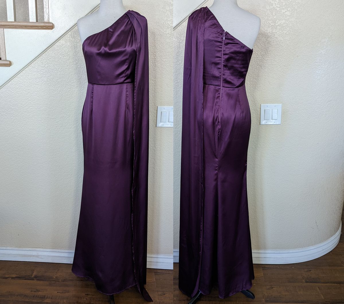 Style Eggplant Purple Grecian One Shoulder Cape Satin Gown Maniju Size 4 Prom One Shoulder Purple Floor Length Maxi on Queenly