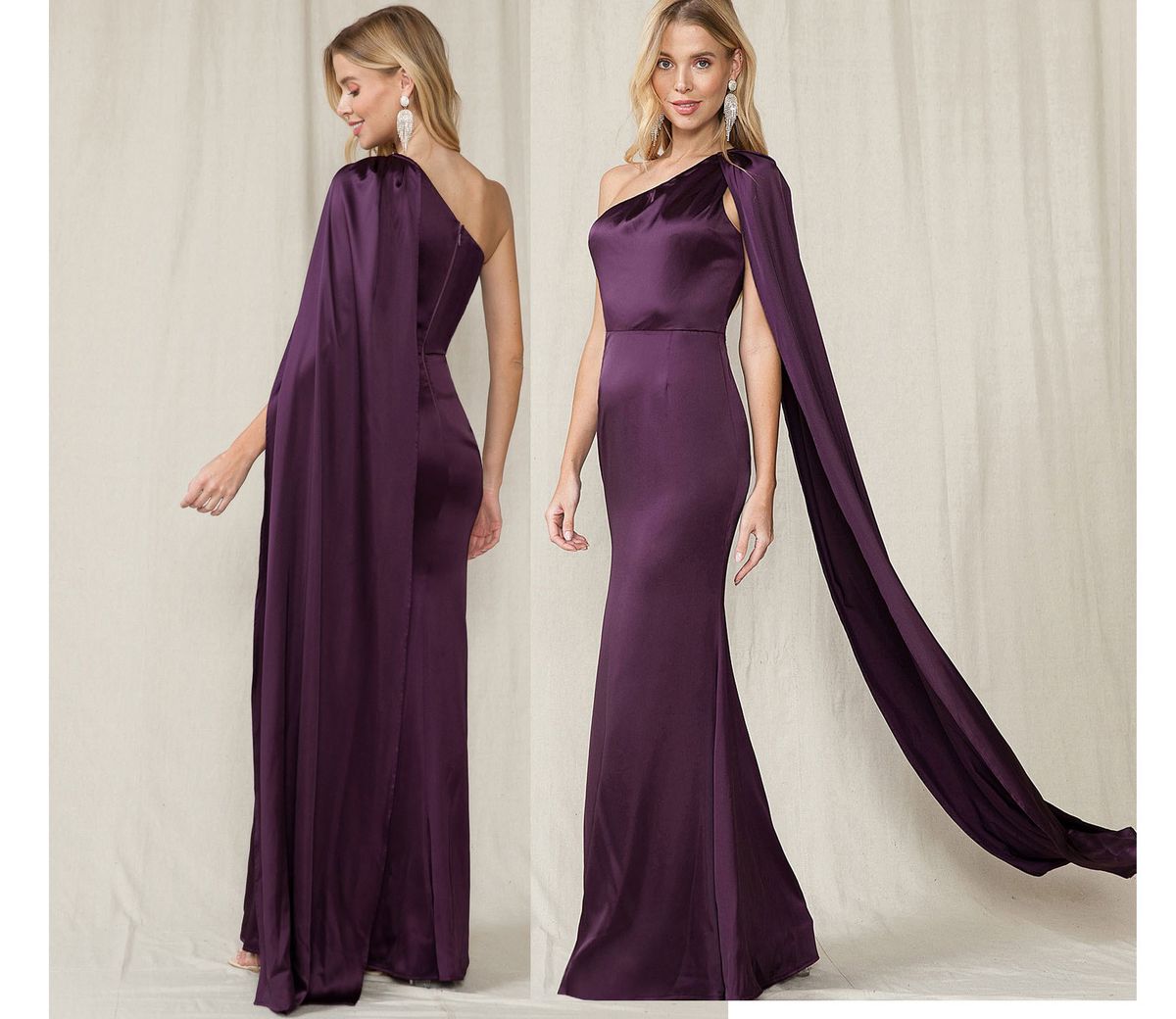 Style Eggplant Purple Grecian One Shoulder Cape Satin Gown Maniju Size 4 Prom One Shoulder Purple Floor Length Maxi on Queenly